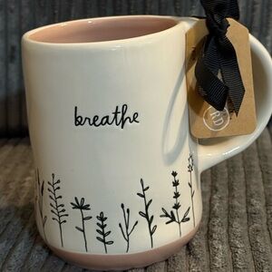 Rae Dunn White & Blush Pink Floral Ceramic Mug with 'Breathe' Text